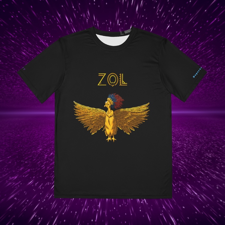 Black t-shirt with gold凤凰 design and 'ZOL' text on a purple starry background