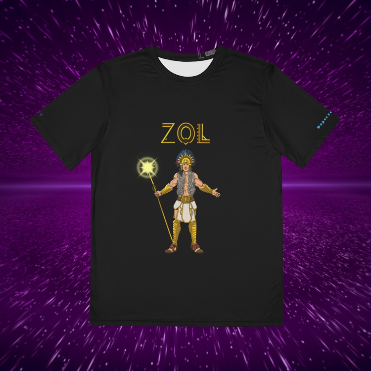 Black t-shirt with a graphic design of a character holding a staff and the text 'ZOL' on a purple starry background.