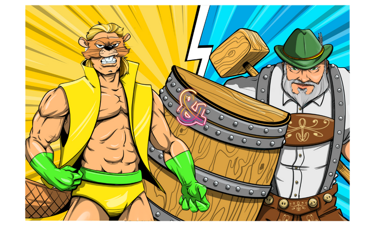 Cartoon character in yellow vest and green shorts with another character behind a barrel.