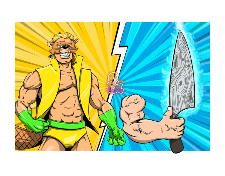 Cartoon character with a yellow outfit and green gloves holding a knife on a colorful background