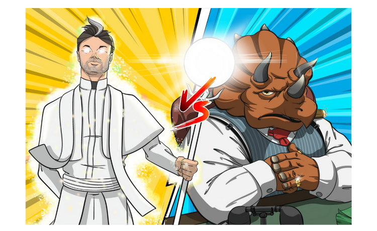 Two animated characters in a confrontation with a yellow and blue background