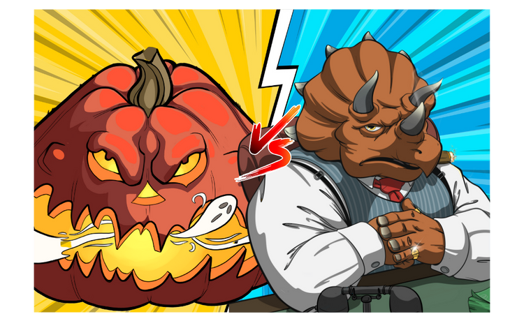 Cartoon pumpkin with a ghost and a character in a suit on a colorful background