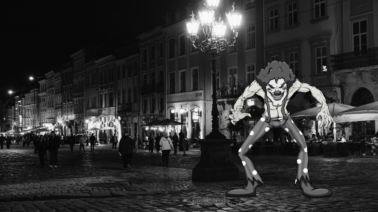Black Jack, the monstrous clown, lurking under a streetlamp in a dark town square.