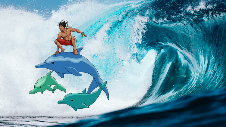 Kowabungis. Is he riding a dolphin?
