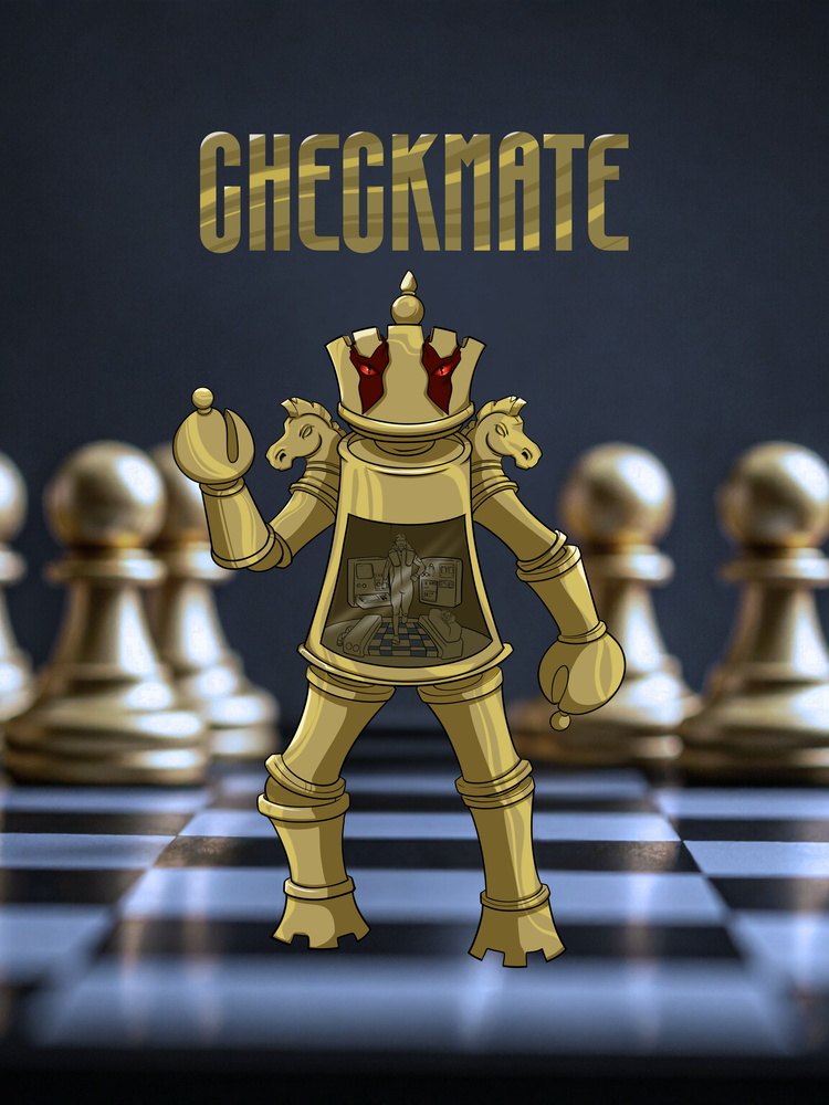 Gold chess king figure on a checkered background with 'CHECKMATE' text.