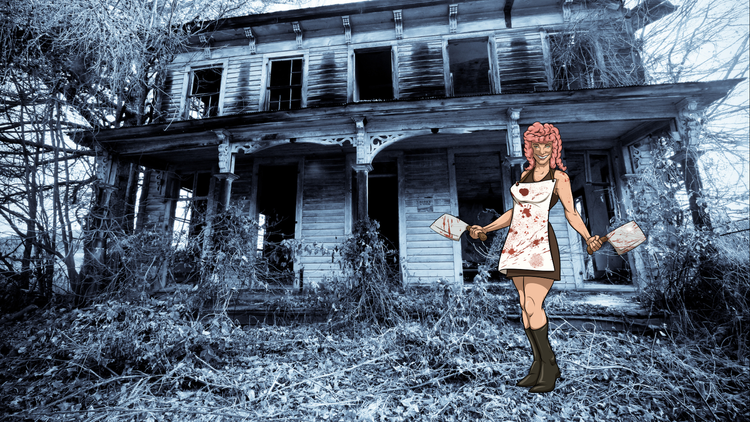 Daughter, smiling in a blood-splattered apron with two cleavers, outside an abandoned house.