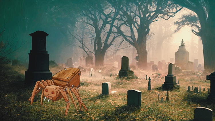 DreadWood, the wooden coffin spider, creeping through a foggy graveyard.