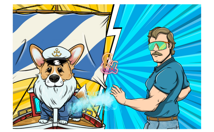 Cartoon dog in a sailor outfit with a man in sunglasses and a blue shirt against a colorful background.