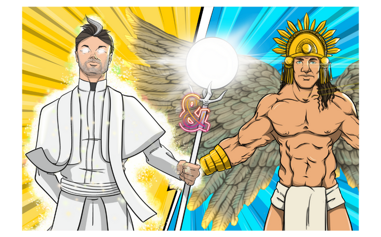 Two animated characters with angelic attributes on a colorful background