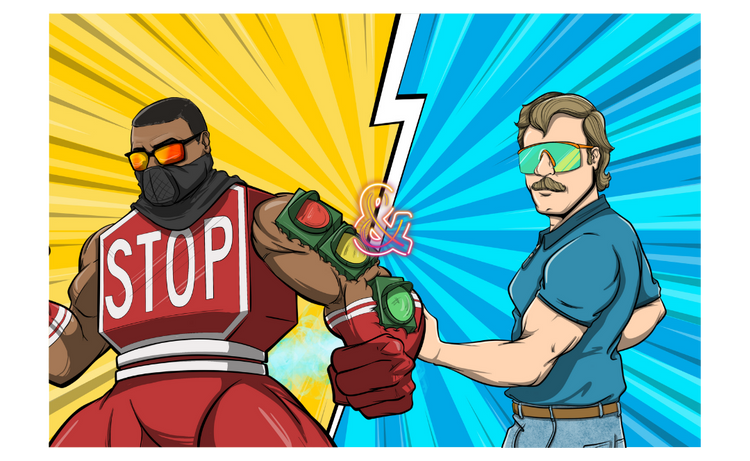 Cartoon characters with superhero and villain outfits on a colorful background