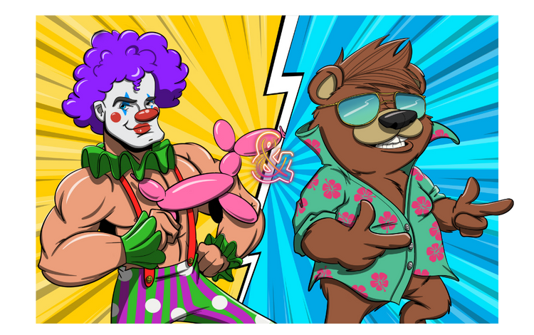 Cartoon clown and bear character on a colorful background