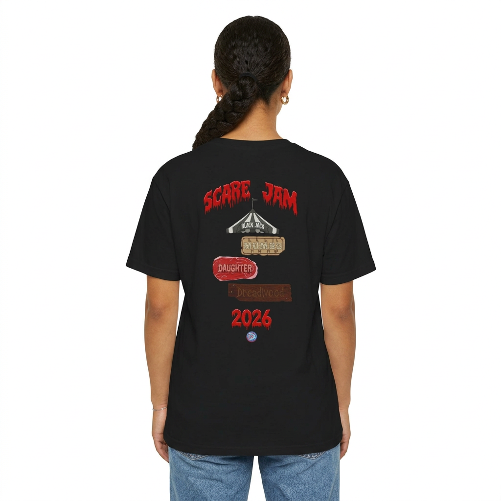 Model wearing the black ScareJam 2026 tee, showing the back print