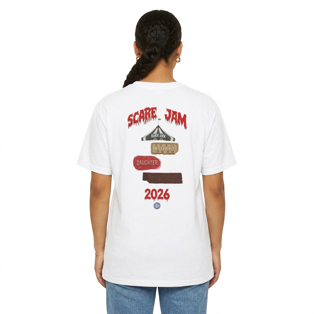 Model wearing the white ScareJam 2026 tee, showing the back print