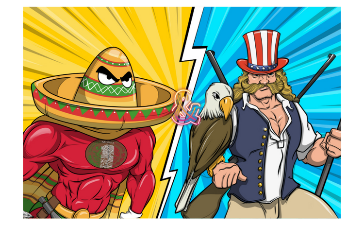 Cartoon character in a sombrero facing Uncle Sam with an eagle on his shoulder.