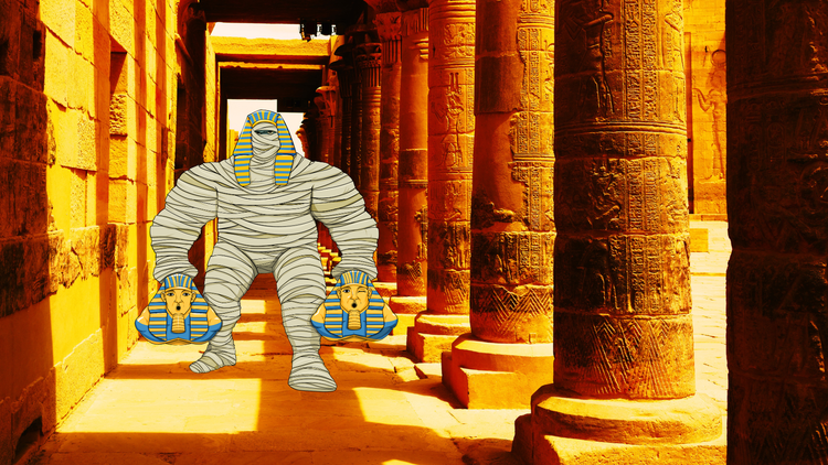 Mumbo, the mummy, stomping through an Egyptian temple with a sphinx head in each hand.