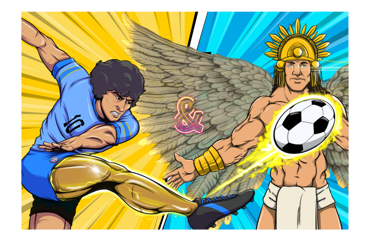 Comic-style illustration of a soccer player kicking towards an angel with a soccer ball