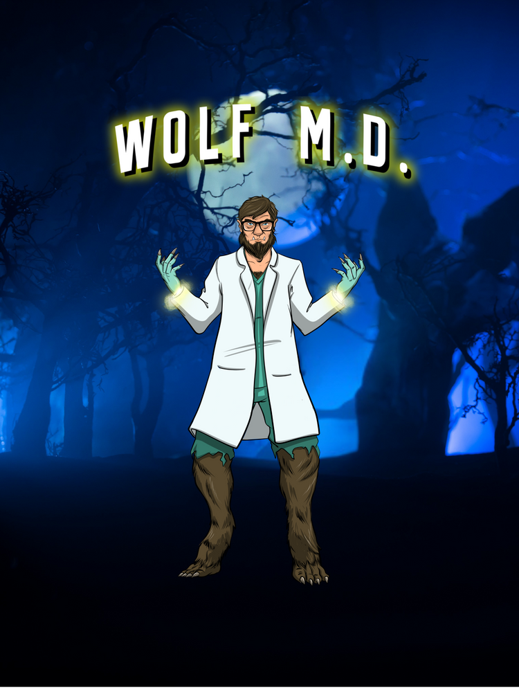 Character in a lab coat with 'WOLF M.D.' text against a dark forest background