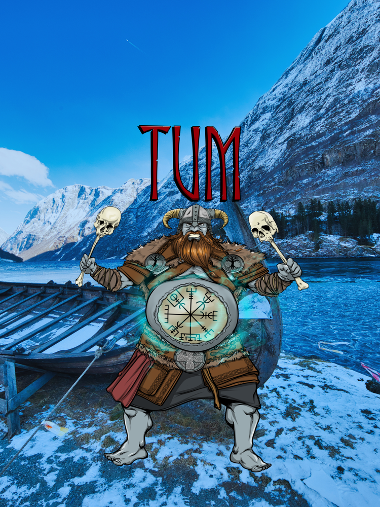 Viking character holding axes with a mountainous landscape in the background, featuring the word 'TUM'.