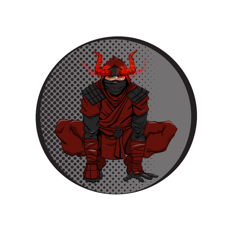 A circular graphic illustration of a samurai warrior in red and black armor with glowing red horns, centered on a gray halftone background with a black outer border.