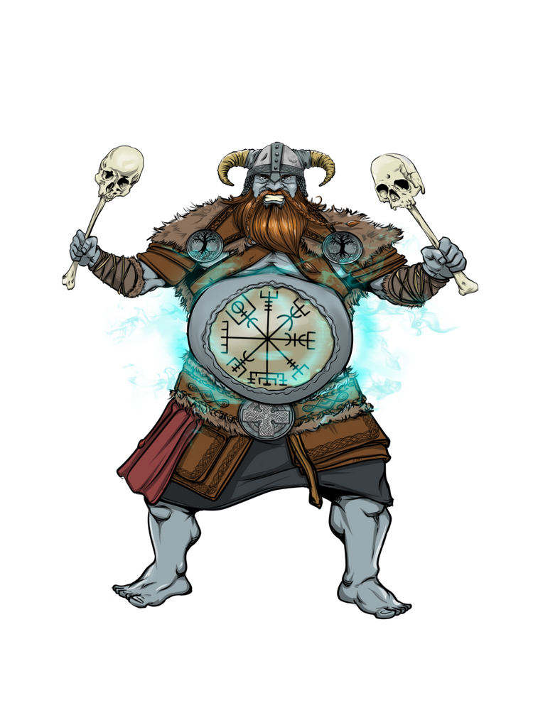 Viking character holding skulls with a prominent symbol on a white background
