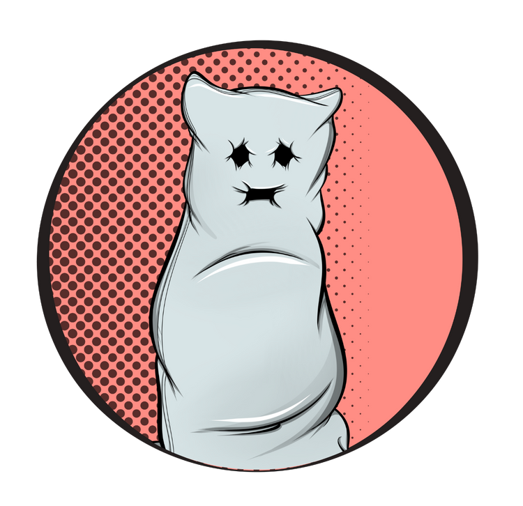 Cartoon ghost with a sad expression on a pink and black polka dot background
