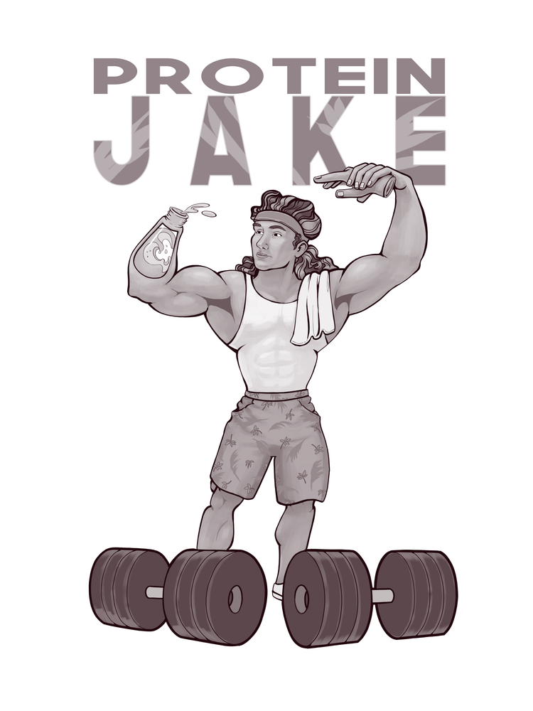 Illustration of a muscular character lifting weights with 'Protein Jake' text above.