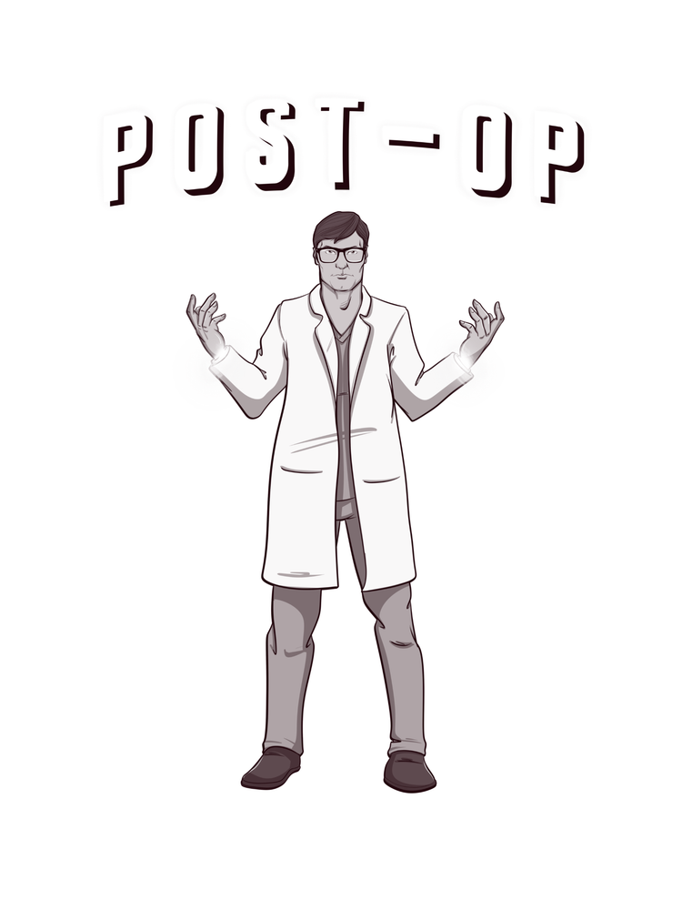 Illustration of a person in a lab coat with 'POST-OP' text above, on a white background