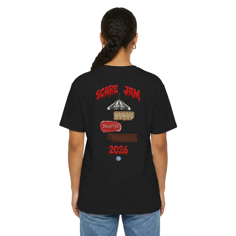 Model wearing the black ScareJam 2026 adult tee, showing the back print
