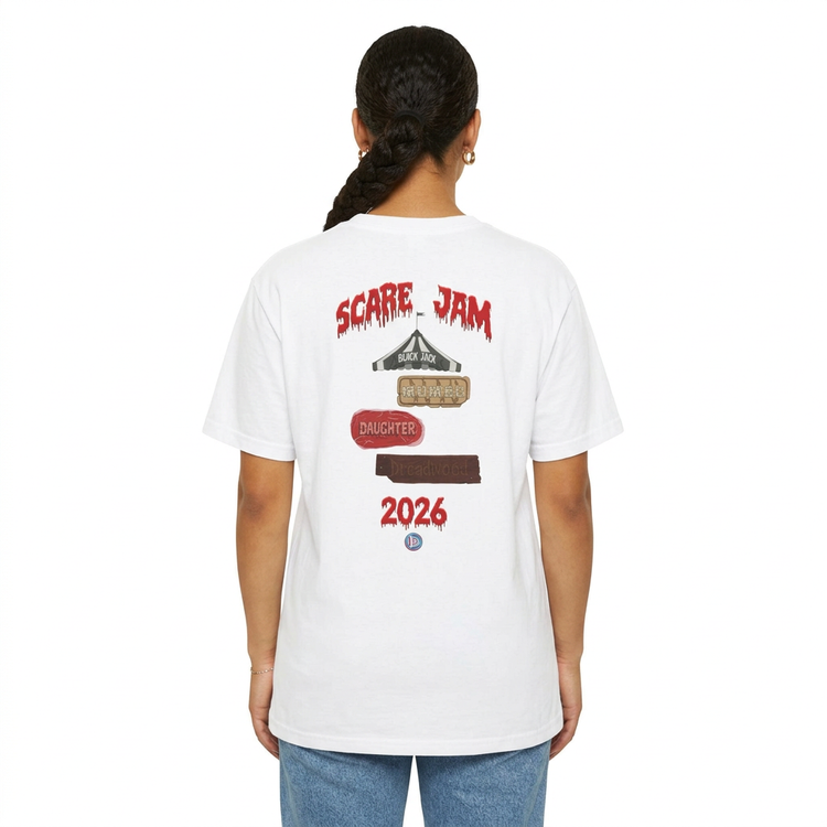 Model wearing the white ScareJam 2026 adult tee, showing the back print