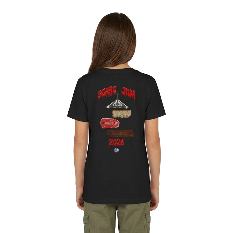 Girl wearing the black ScareJam 2026 kids tee, showing the back print
