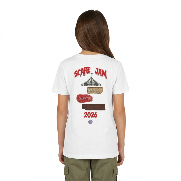 Girl wearing the white ScareJam 2026 kids tee, showing the back print