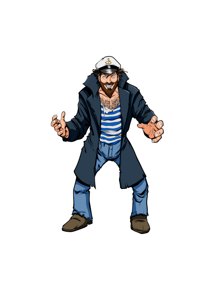 Cartoon character in a blue coat and striped shirt on a white background