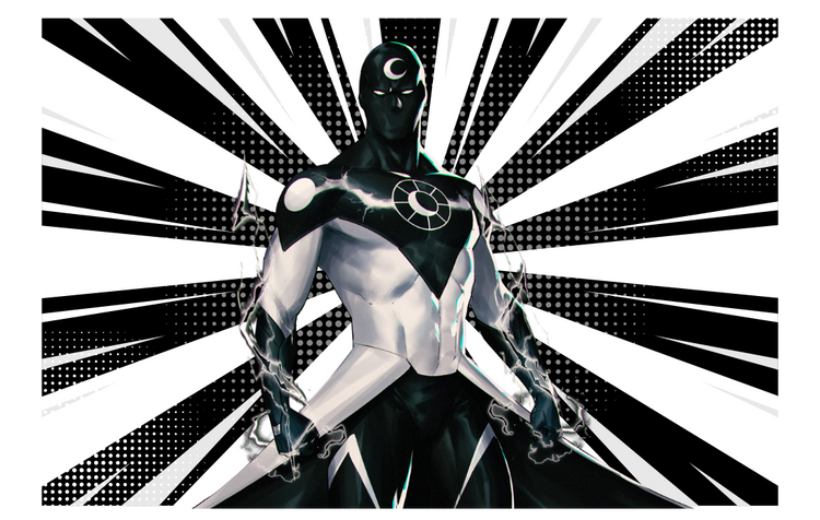 Superhero in black and white costume with a star emblem on a black and white striped background