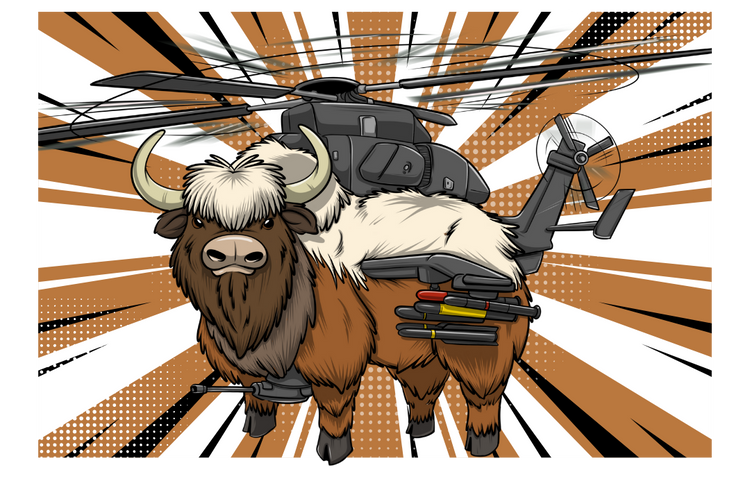 Illustration of a yak with a helicopter on its back against a dynamic background