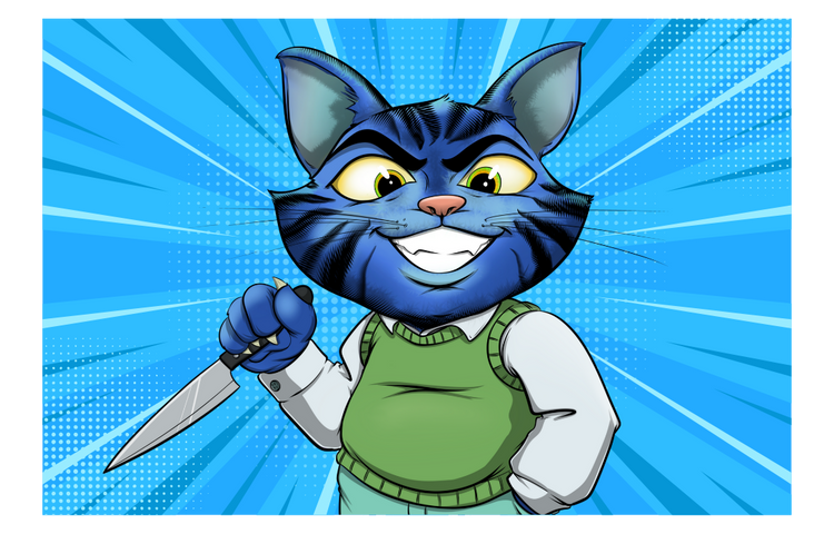Cartoon cat character holding a knife on a blue background