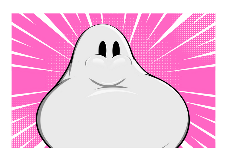Cartoon ghost character on a pink and white background