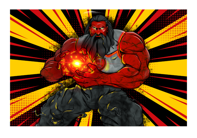 A comic-style illustration of a muscular red-bearded man crouching and holding a glowing orange energy ball, set against a bold yellow, red, and black burst background.