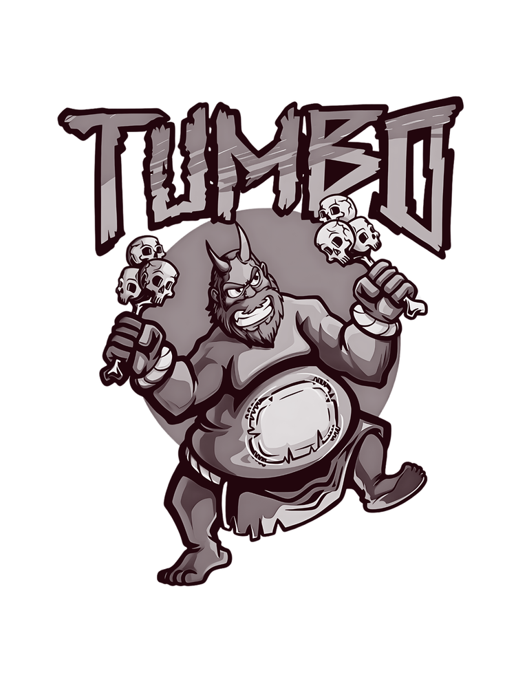 Cartoon character named Tumbo holding two skulls with the word 'Tumbo' above.
