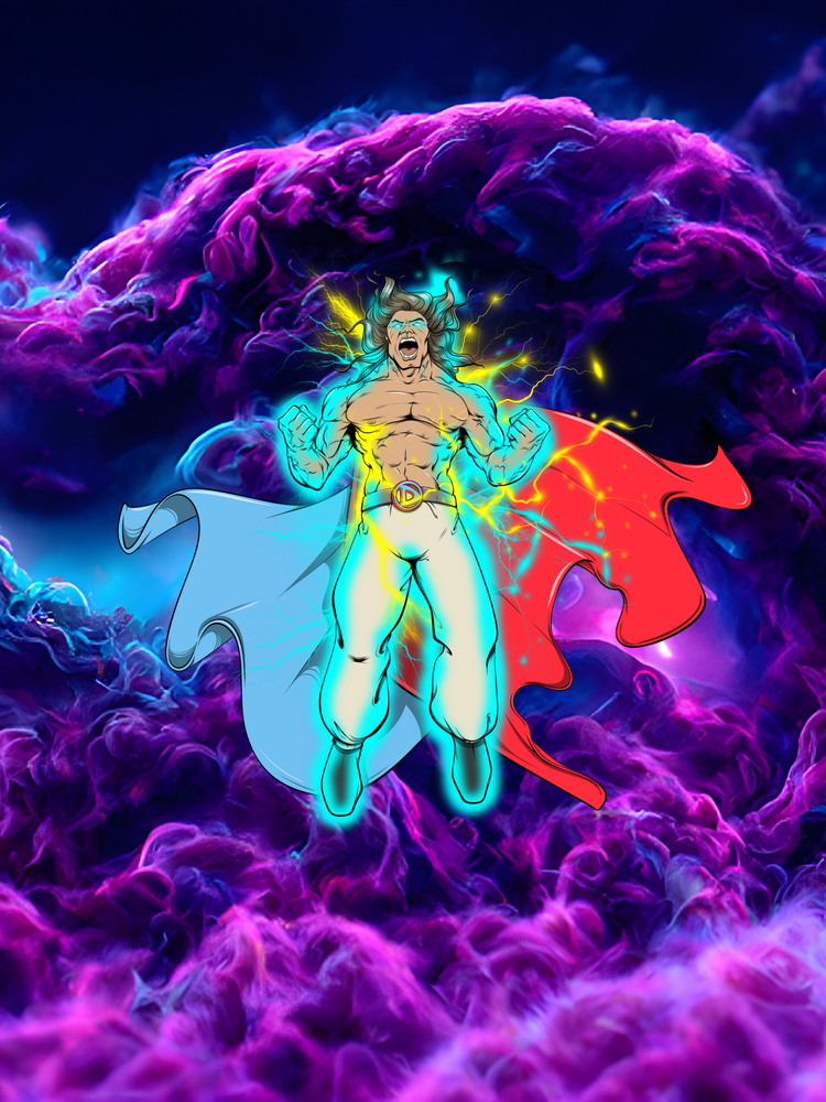 Superhero character with a red cape and glowing effects against a purple cloud background
