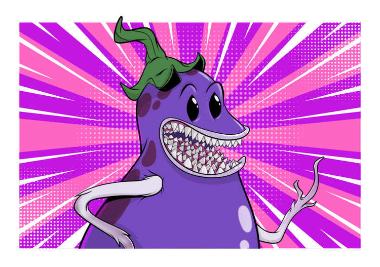 Cartoon character with a green hat and purple body on a pink and purple background